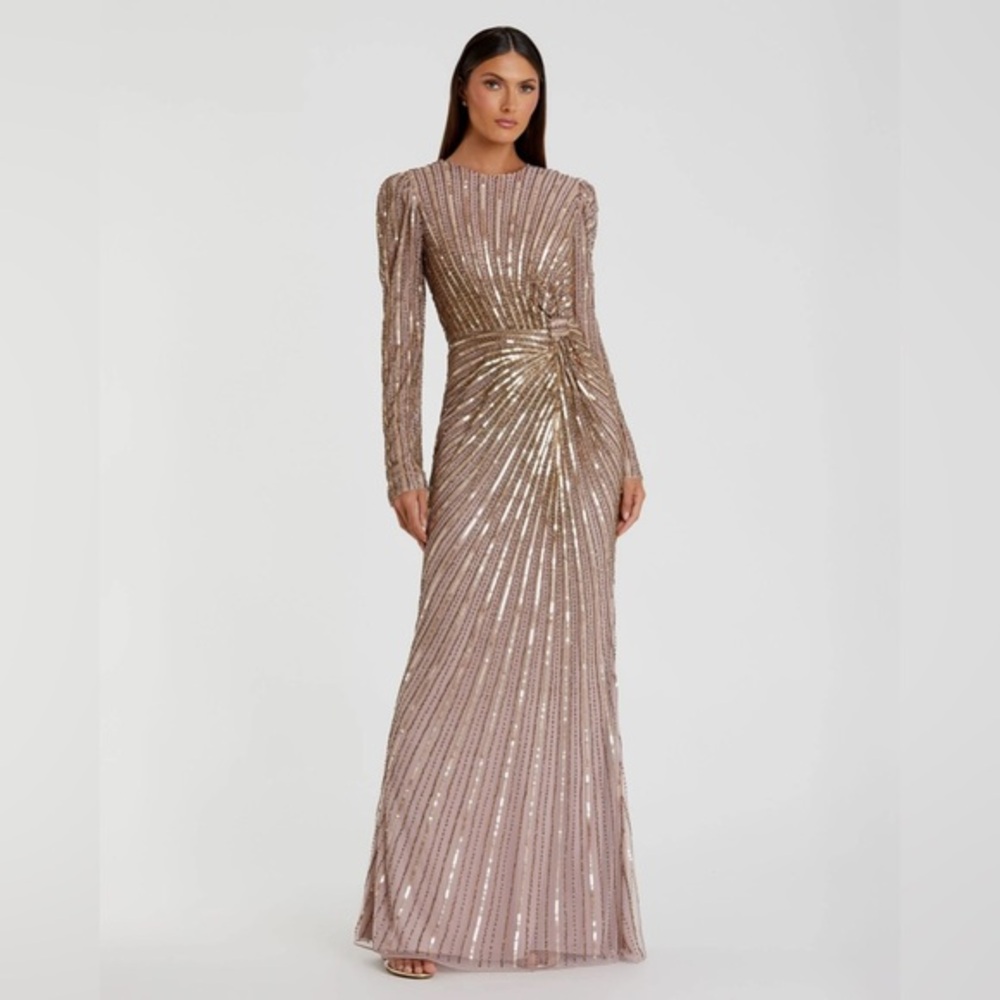 NWT $598 MAC DUGGAL Brown Embellished Puff Sleeve Side Knot Gown DRESS MOCHA